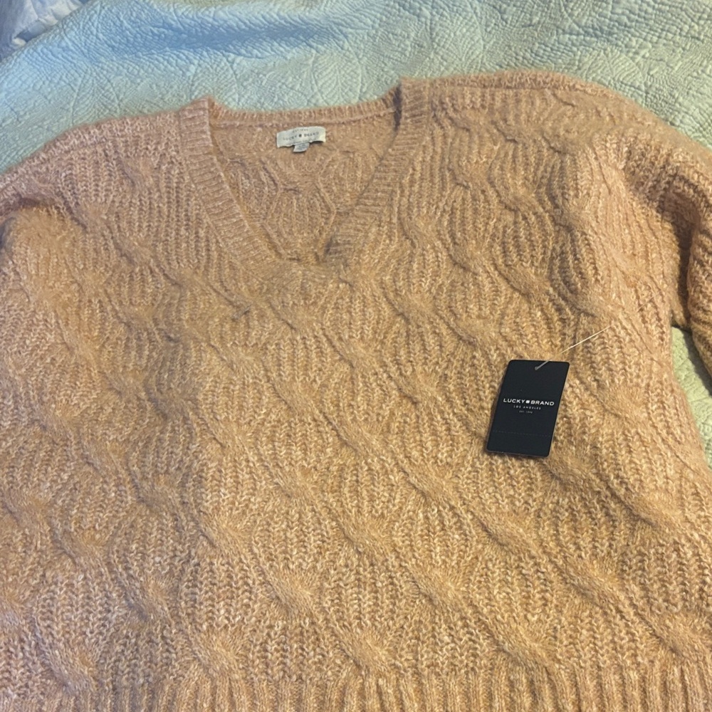 Lucky Brand Women's V-Neck Cable Knit Sweater - Tan